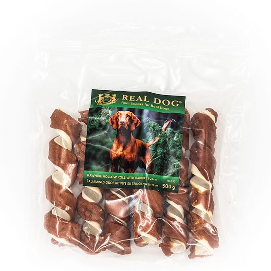 REAL DOG SNACKS Žaliaminės odos spyruoklė su triušiena 18-20cm 500g