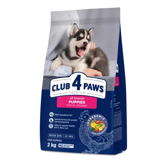 CLUB 4 PAWS Premium visavertis sausas maistas visų veislių šuniukams su dideliu kiekiu vištienos, 2 kg